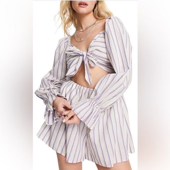 NWT Topshop Striped Bow Tie Long Sleeve Romper - US 2 - Picture 2 of 6